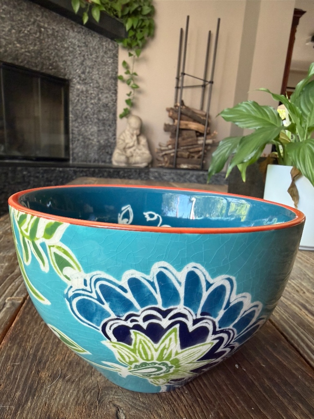 Anthropologie Bellina Blooms Ceramic Bowl - teal/turquoise blue